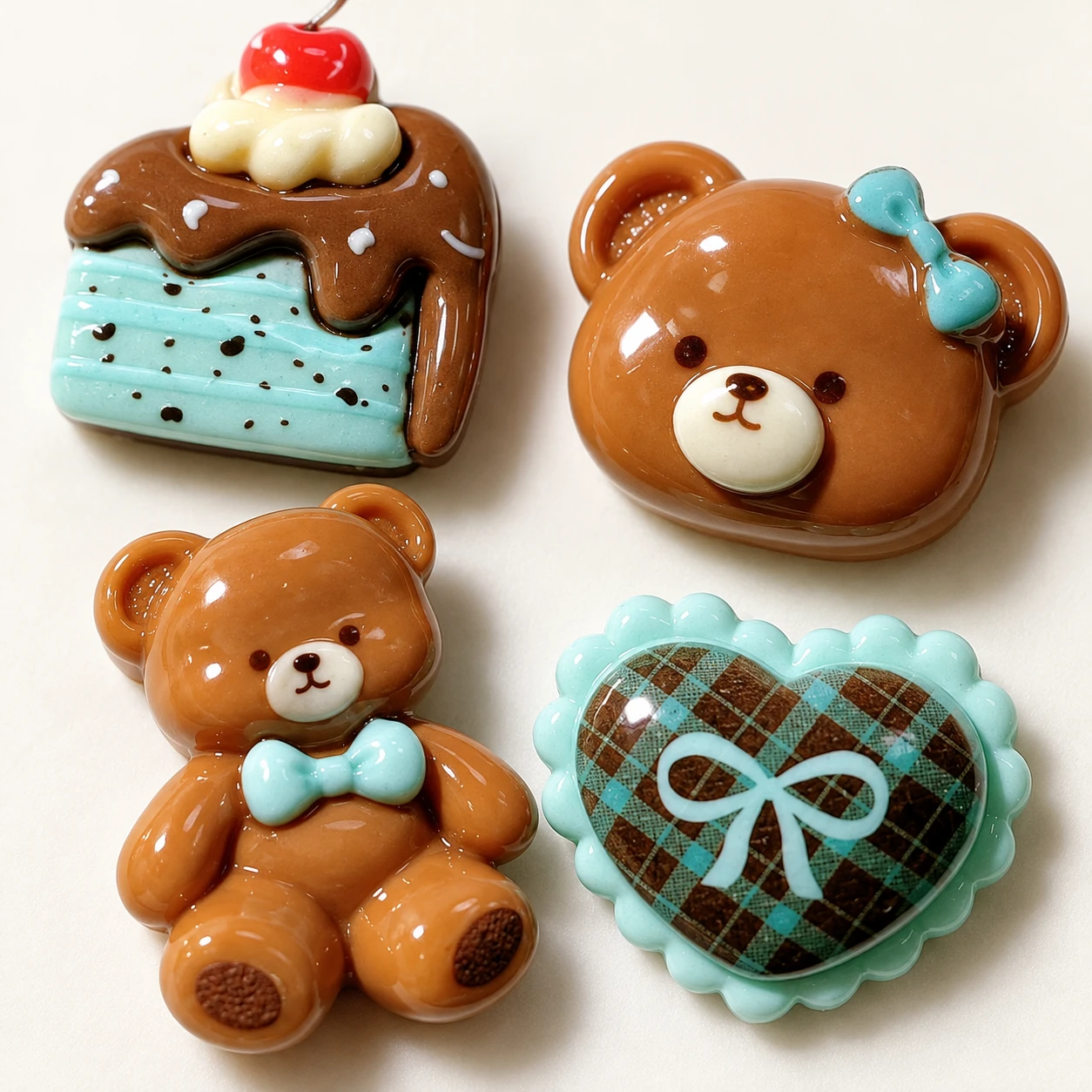Mint and Chocolate Bear Bow Heart Resin Assortment RW002022 close-up showing the decorative shape and finish
