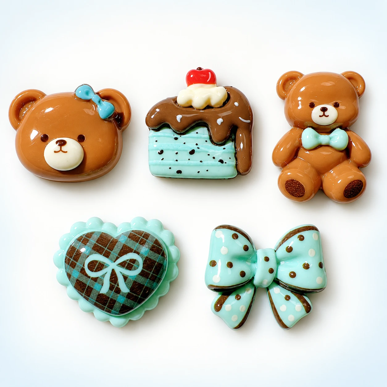 Mint and Chocolate Bear Bow Heart Resin Assortment RW002022 on a clean light studio background