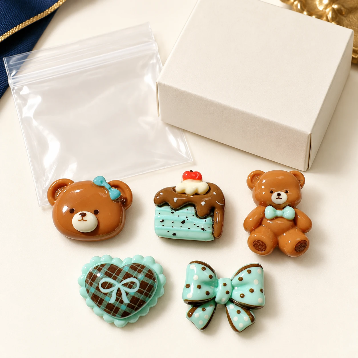 Mint and Chocolate Bear Bow Heart Resin Assortment RW002022 with illustrative private-label packaging