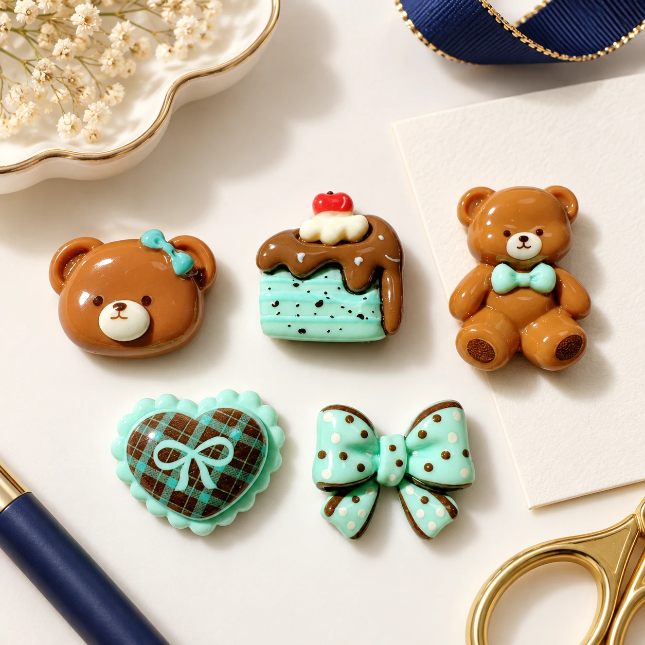 Mint and Chocolate Bear Bow Heart Resin Assortment RW002022 in an illustrative craft workspace