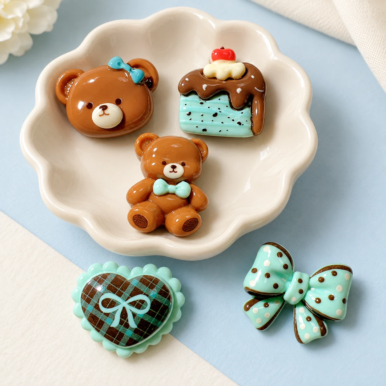 Mint and Chocolate Bear Bow Heart Resin Assortment RW002022 displayed for assortment selection