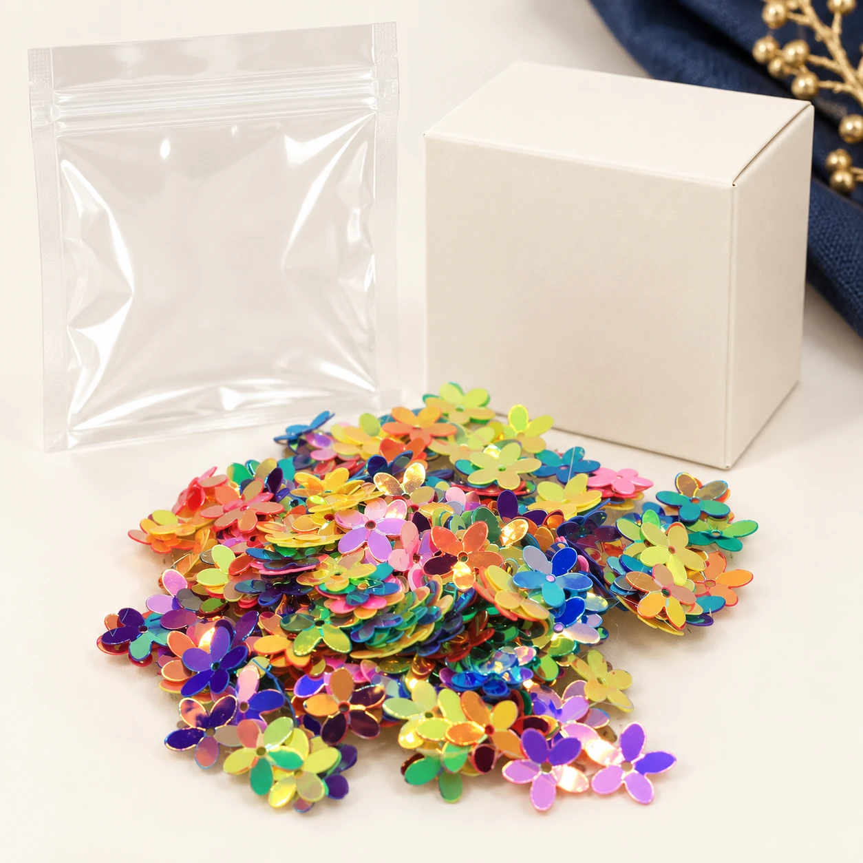 Mixed Flower Confetti Sequins MA025 with illustrative private-label packaging