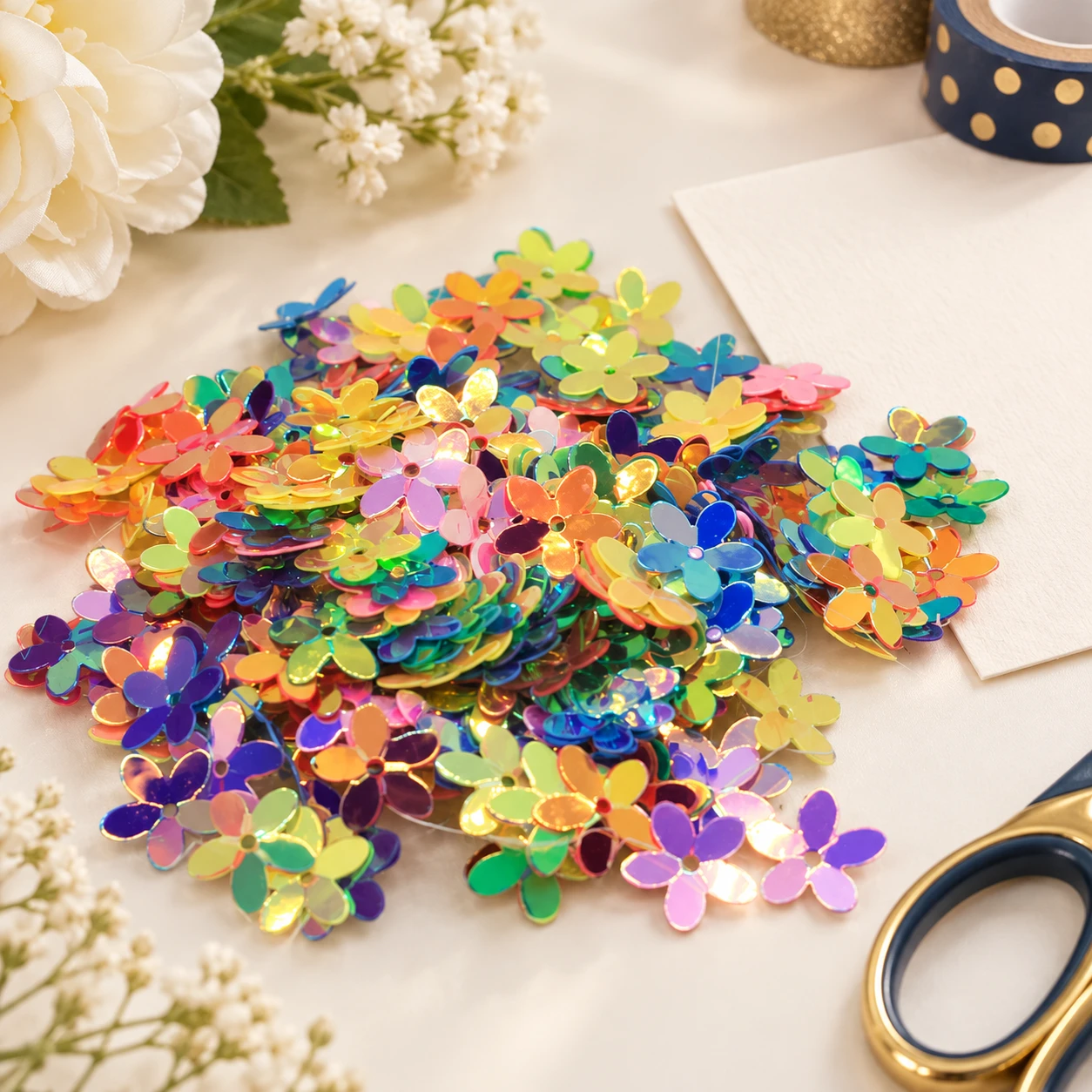 Mixed Flower Confetti Sequins MA025 in an illustrative craft workspace