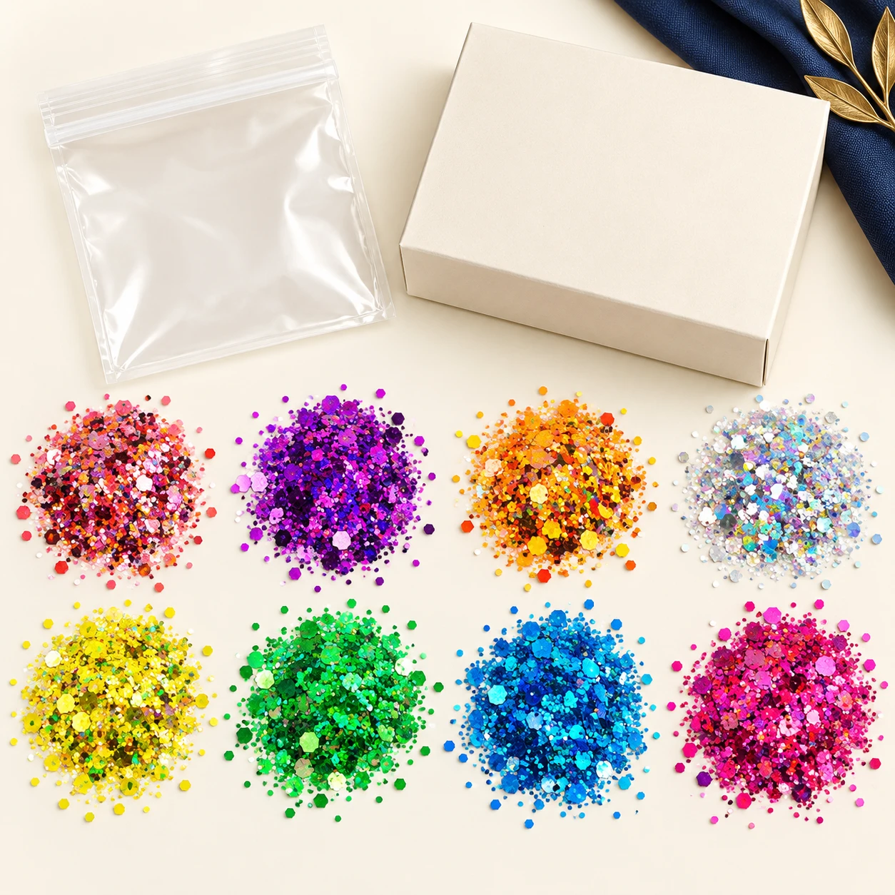 Mixed-Size Hexagon Glitter Color Collection MA168 with illustrative private-label packaging