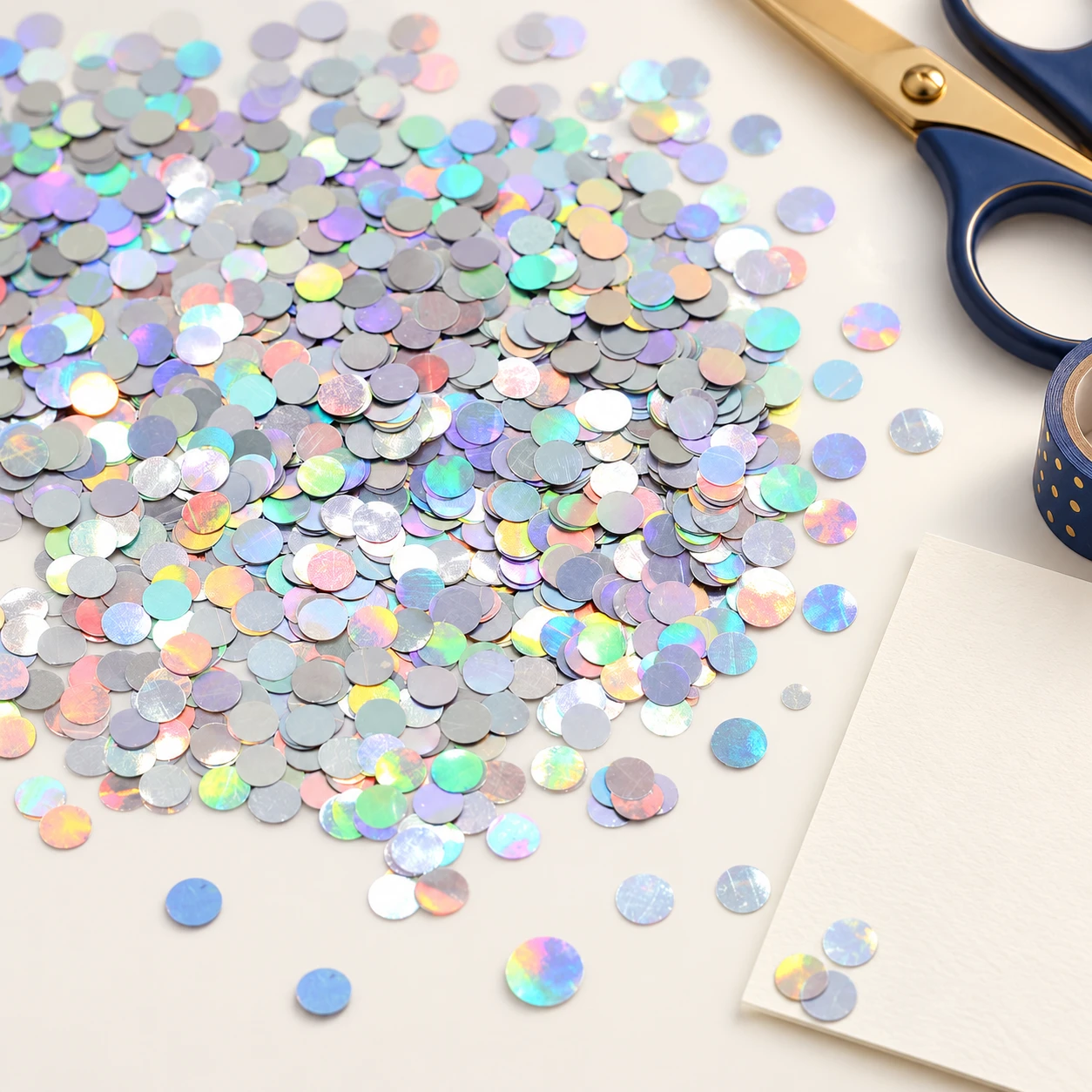 Mixed-Size Iridescent Round Sequins MA266 in an illustrative craft workspace