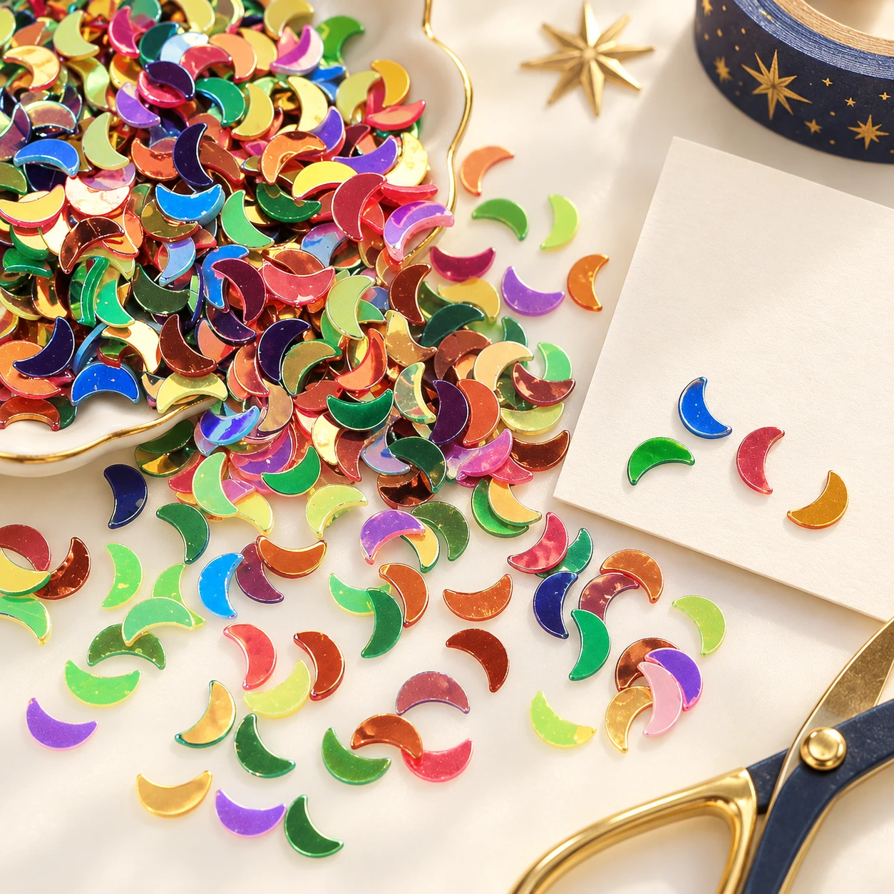 Multicolor Crescent Moon Sequins MA055 in an illustrative craft workspace
