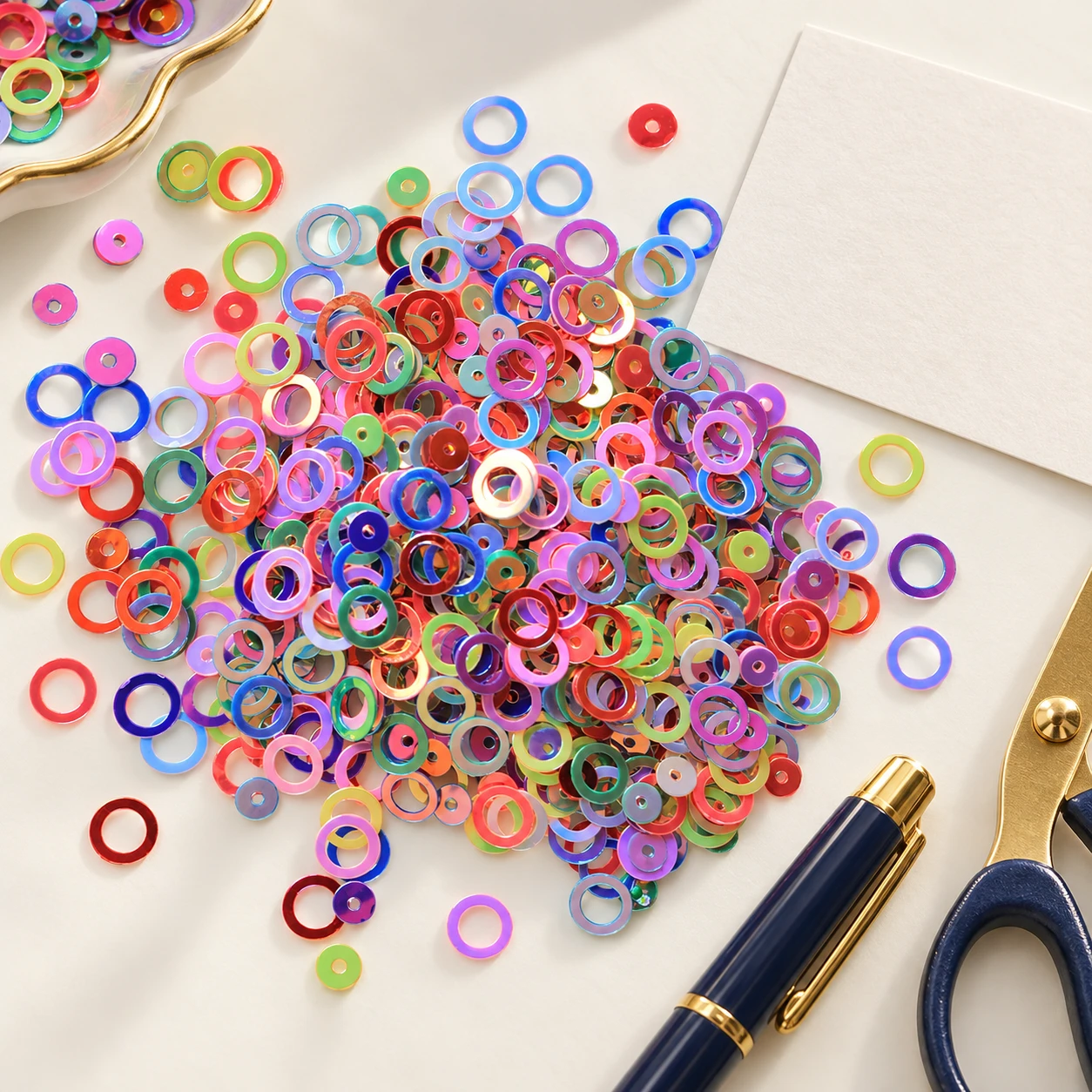 Multicolor Hollow Ring Sequins MA022 in an illustrative craft workspace