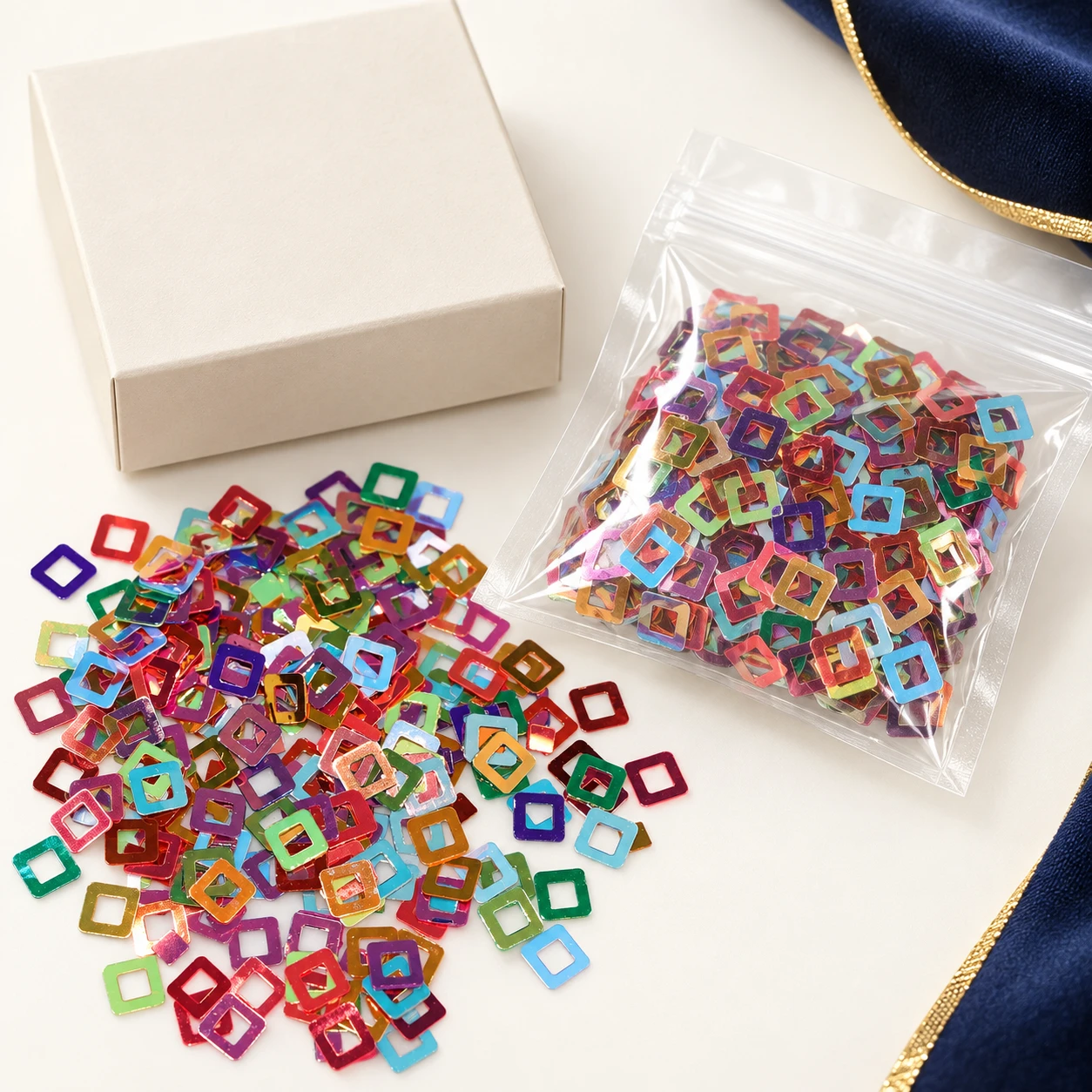 Multicolor Hollow Square Sequins MA009 with illustrative private-label packaging