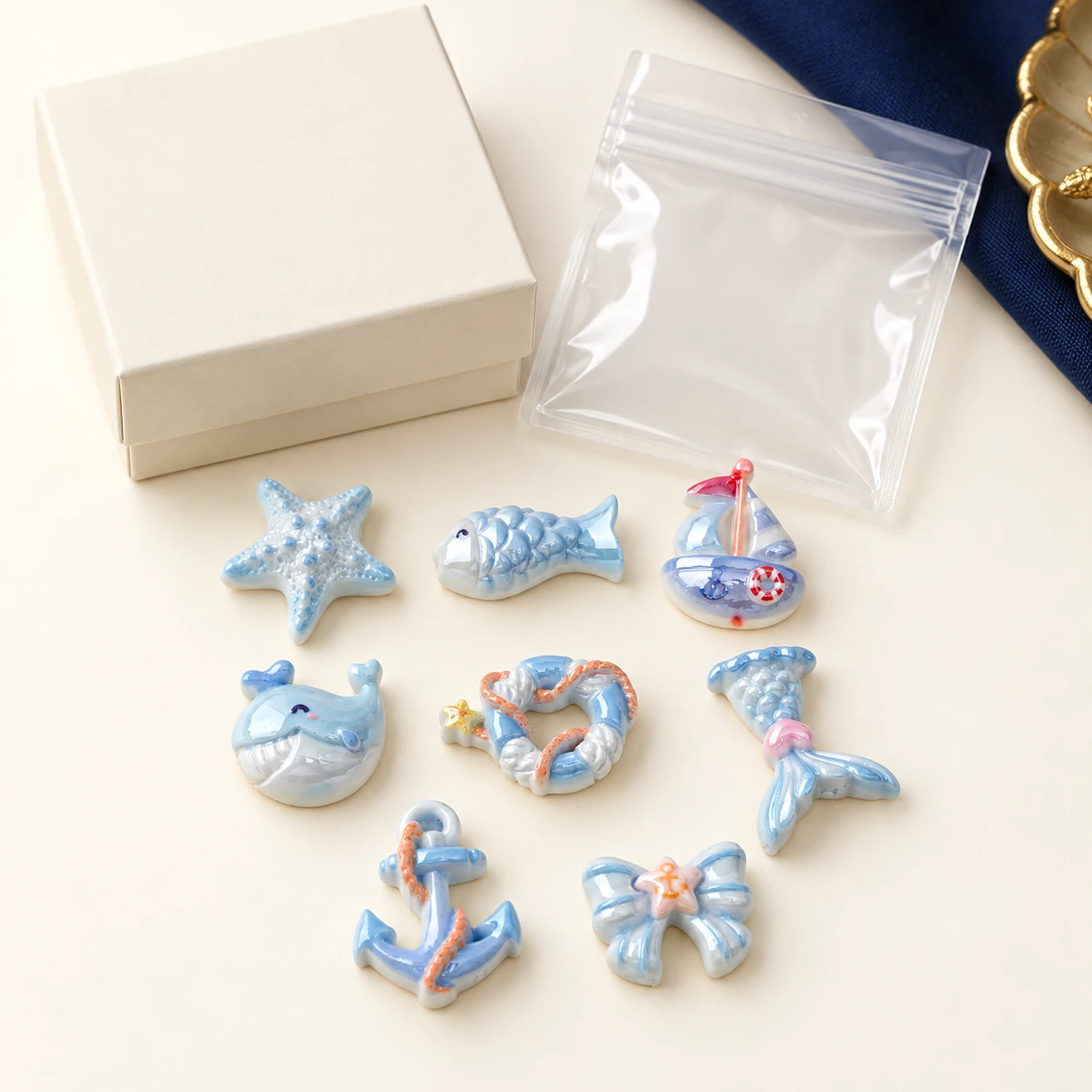 Ocean Mermaid Tail and Whale Resin Charms RW00686 with illustrative private-label packaging