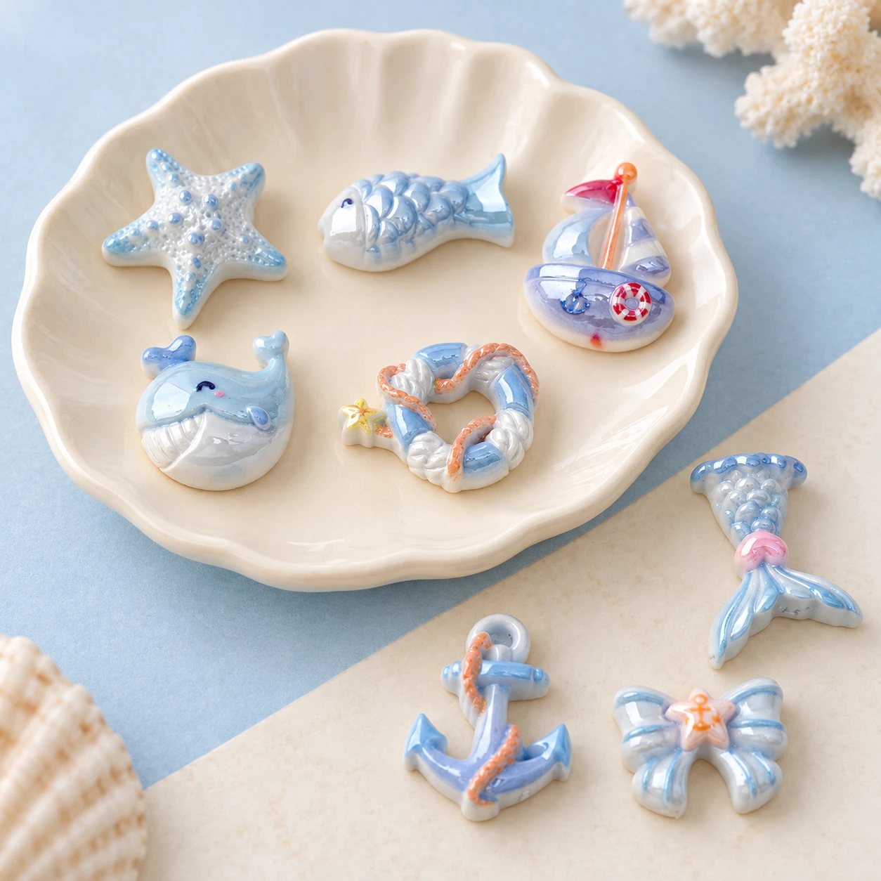 Ocean Mermaid Tail and Whale Resin Charms RW00686 displayed for assortment selection