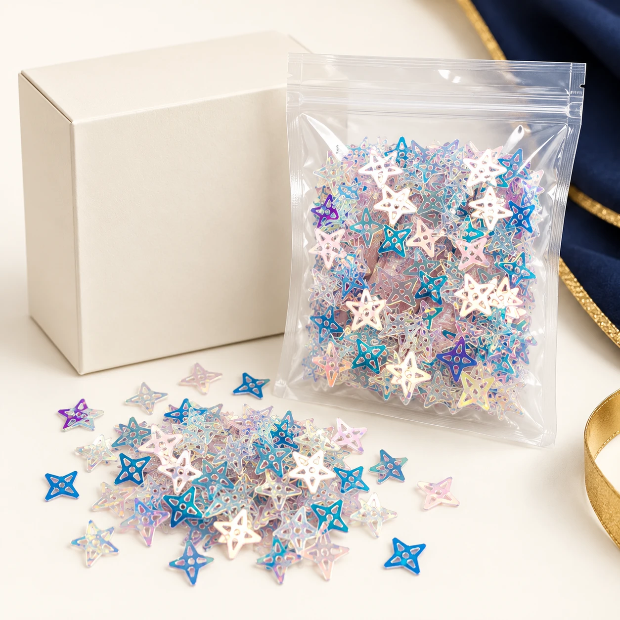 Openwork Holographic Star Sequins MA179 with illustrative private-label packaging