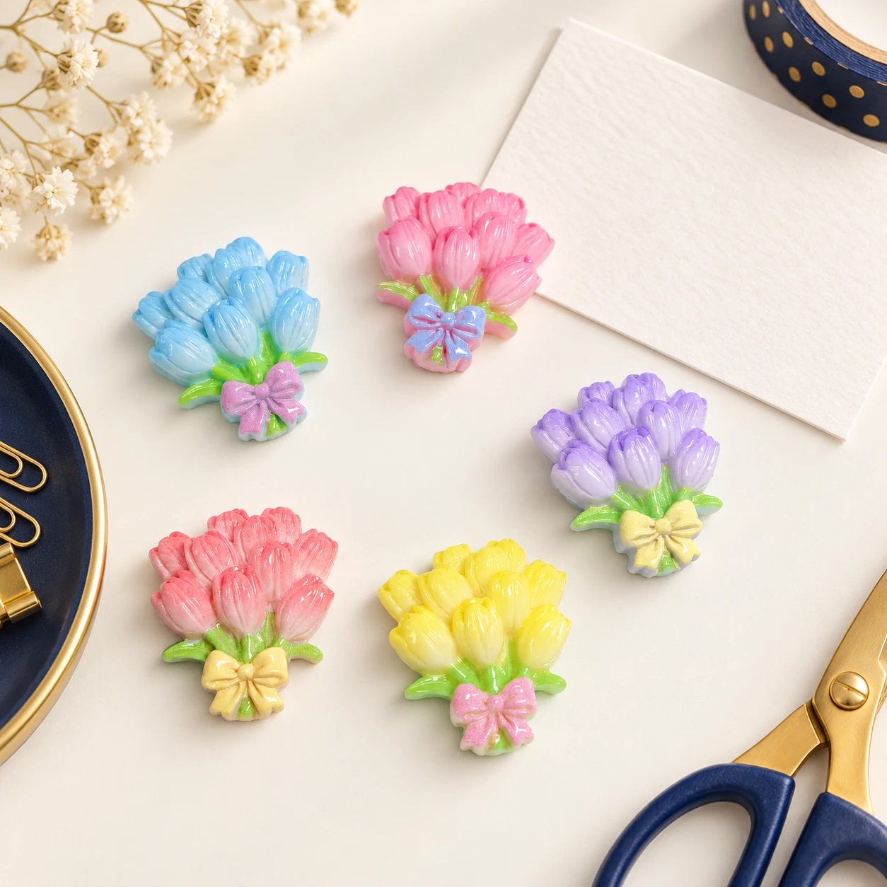 Pastel Bouquet Resin Charms RW002650 in an illustrative craft workspace