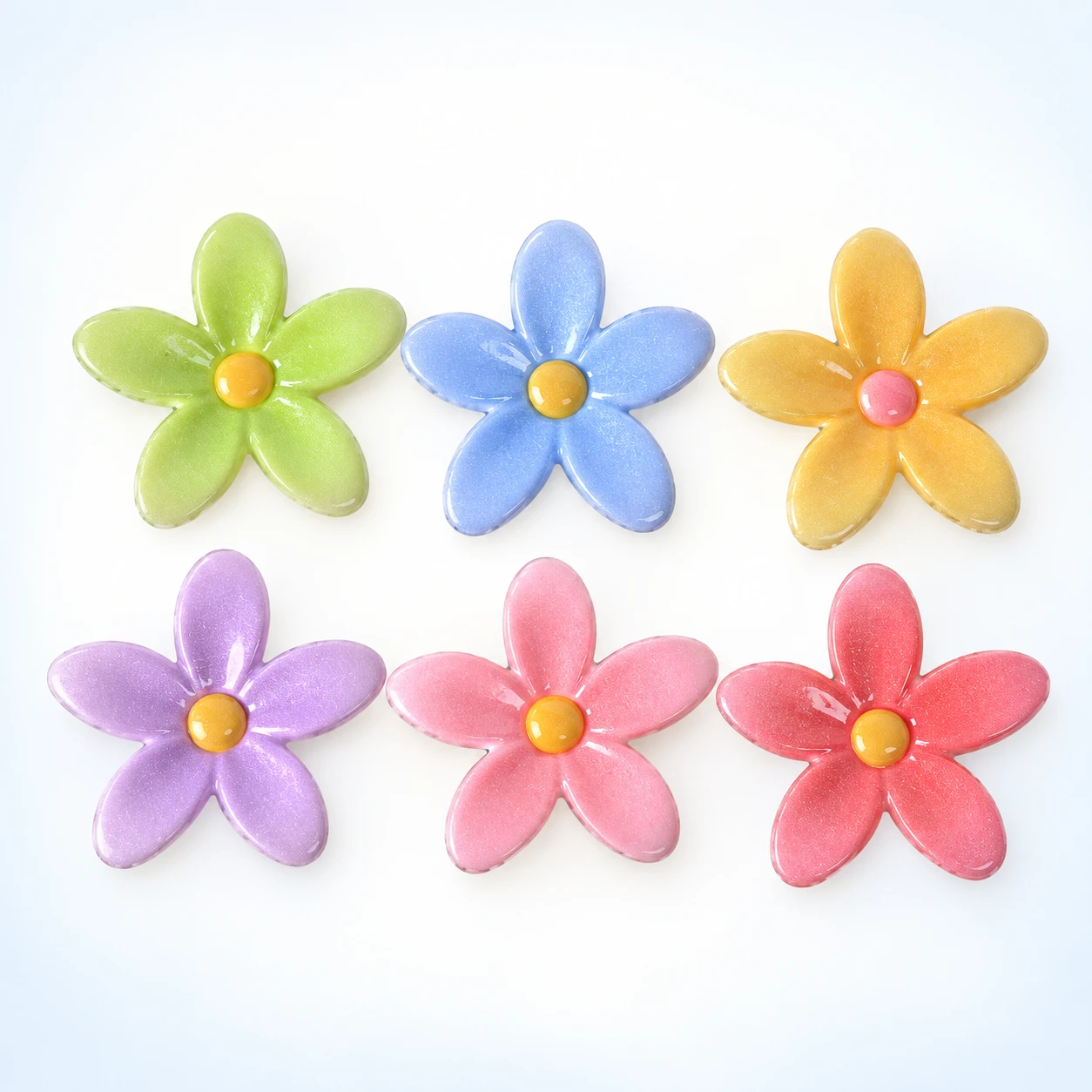 Pastel Five-Petal Flower Resin Charms RW00575 on a clean light studio background