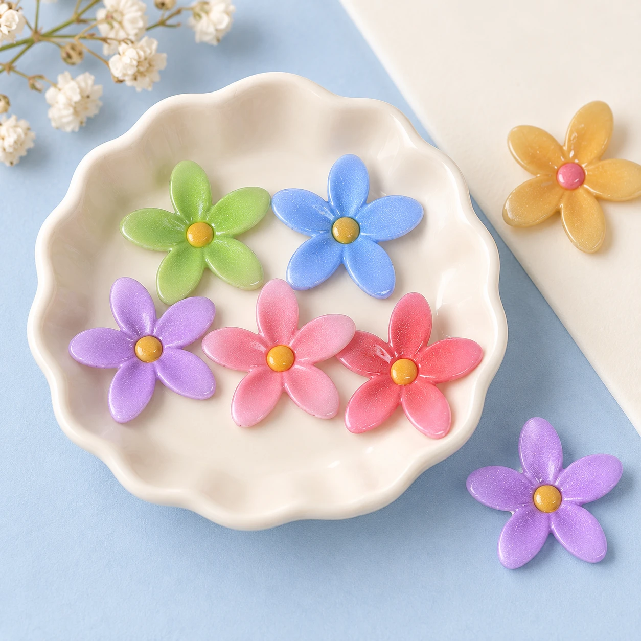 Pastel Five-Petal Flower Resin Charms RW00575 displayed for assortment selection