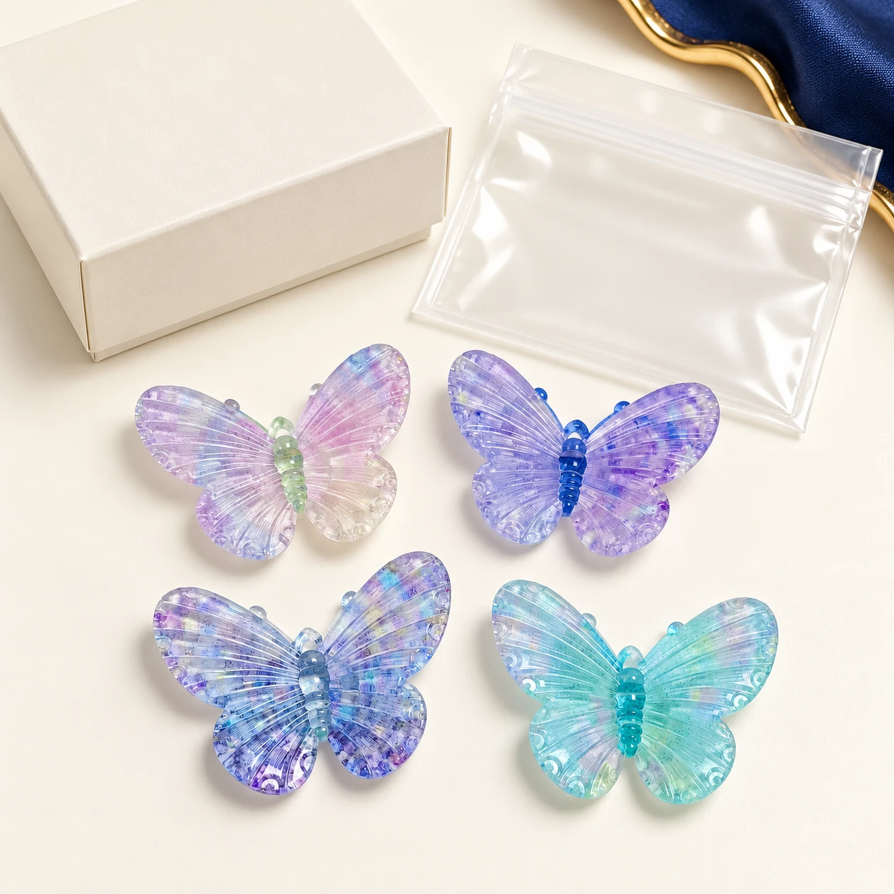 Pastel Iridescent Butterfly Resin Charms RW002654 / RW26619 with illustrative private-label packaging