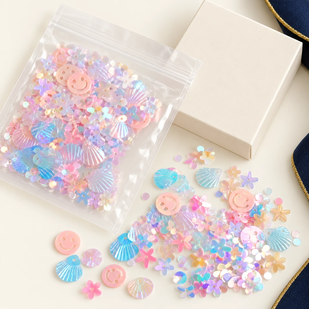 Pastel Iridescent Smiley Face Sequins MA184 with illustrative private-label packaging