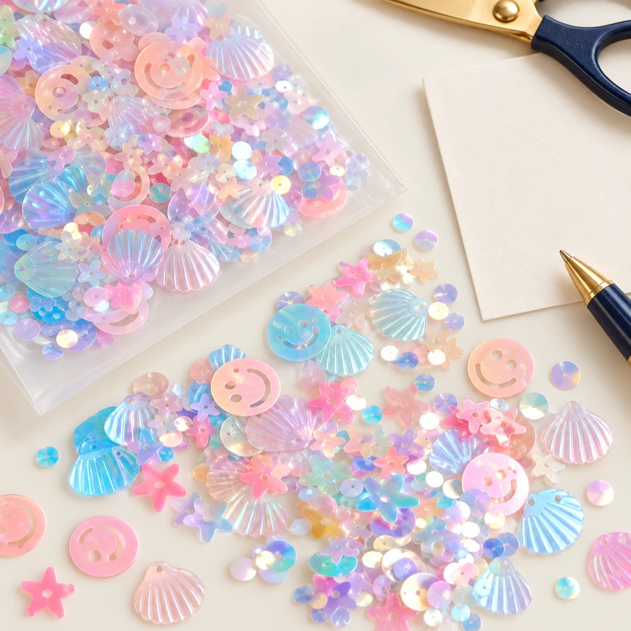 Pastel Iridescent Smiley Face Sequins MA184 in an illustrative craft workspace
