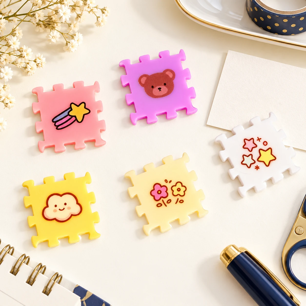 Pastel Puzzle Tile Acrylic Charms RW001859 in an illustrative craft workspace