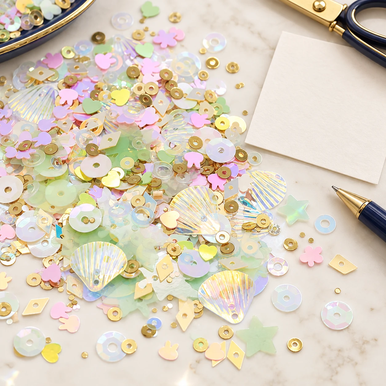 Pearlescent Decorative Sequin Assortment MA106 in an illustrative craft workspace