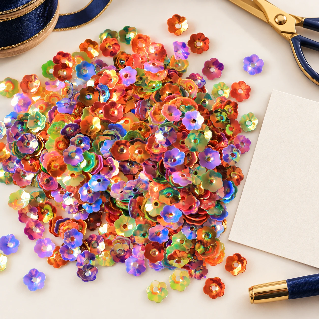 PVC Flower Cup Sequins MA023 in an illustrative craft workspace