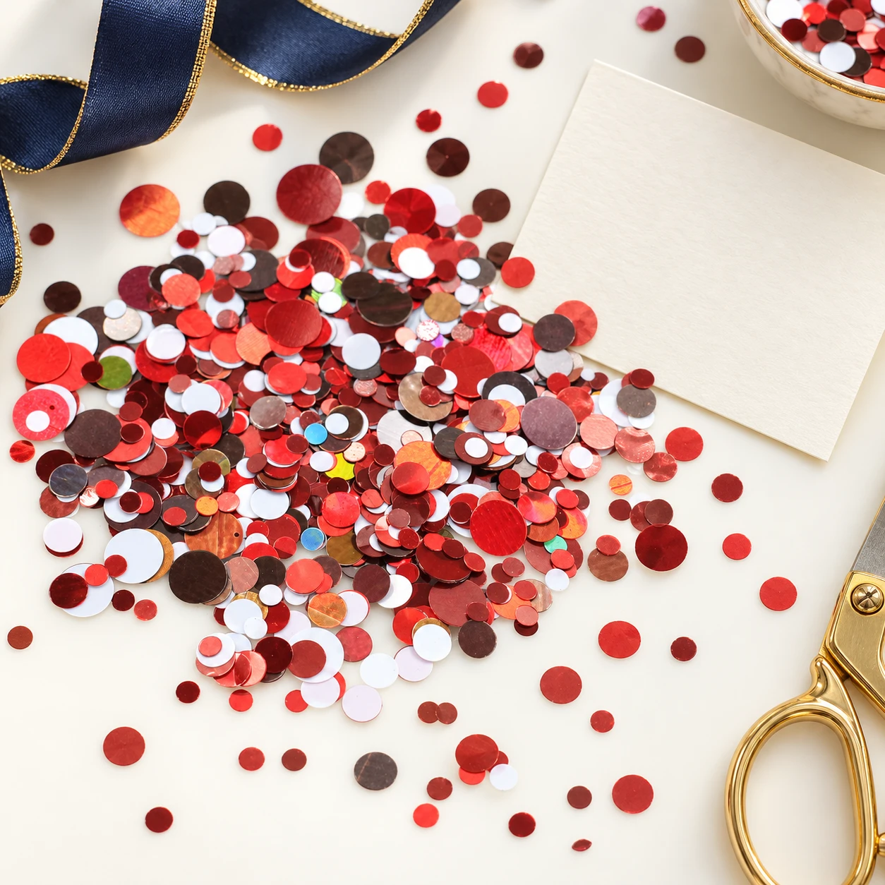 Red White Black Round Confetti Mix MA041 in an illustrative craft workspace