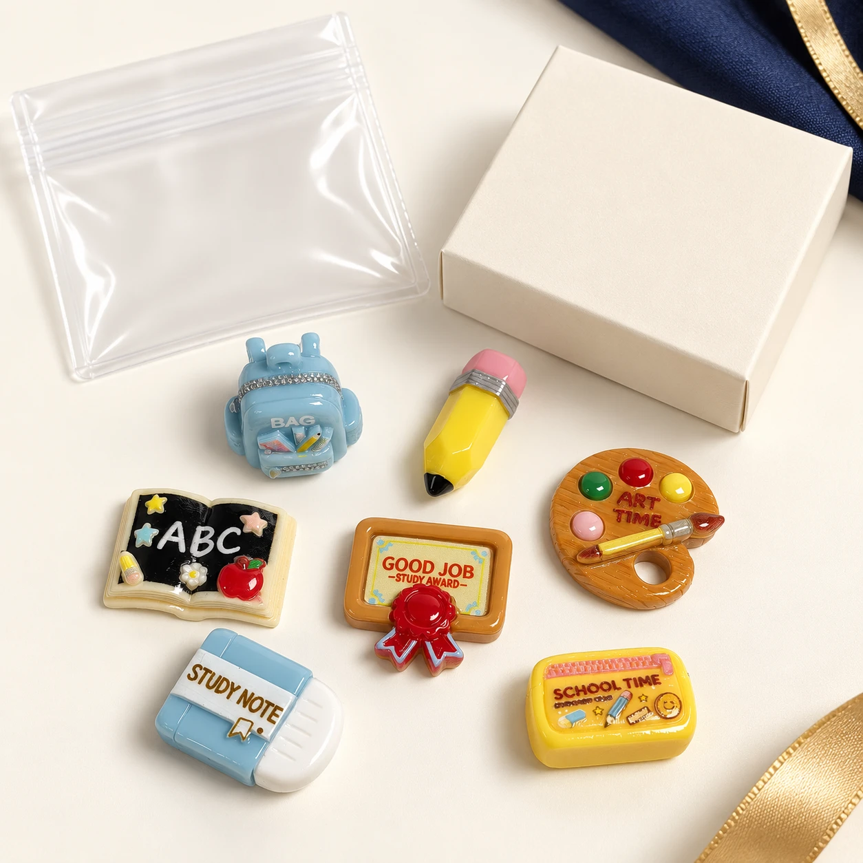 School Stationery Resin Charms RW003559 with illustrative private-label packaging
