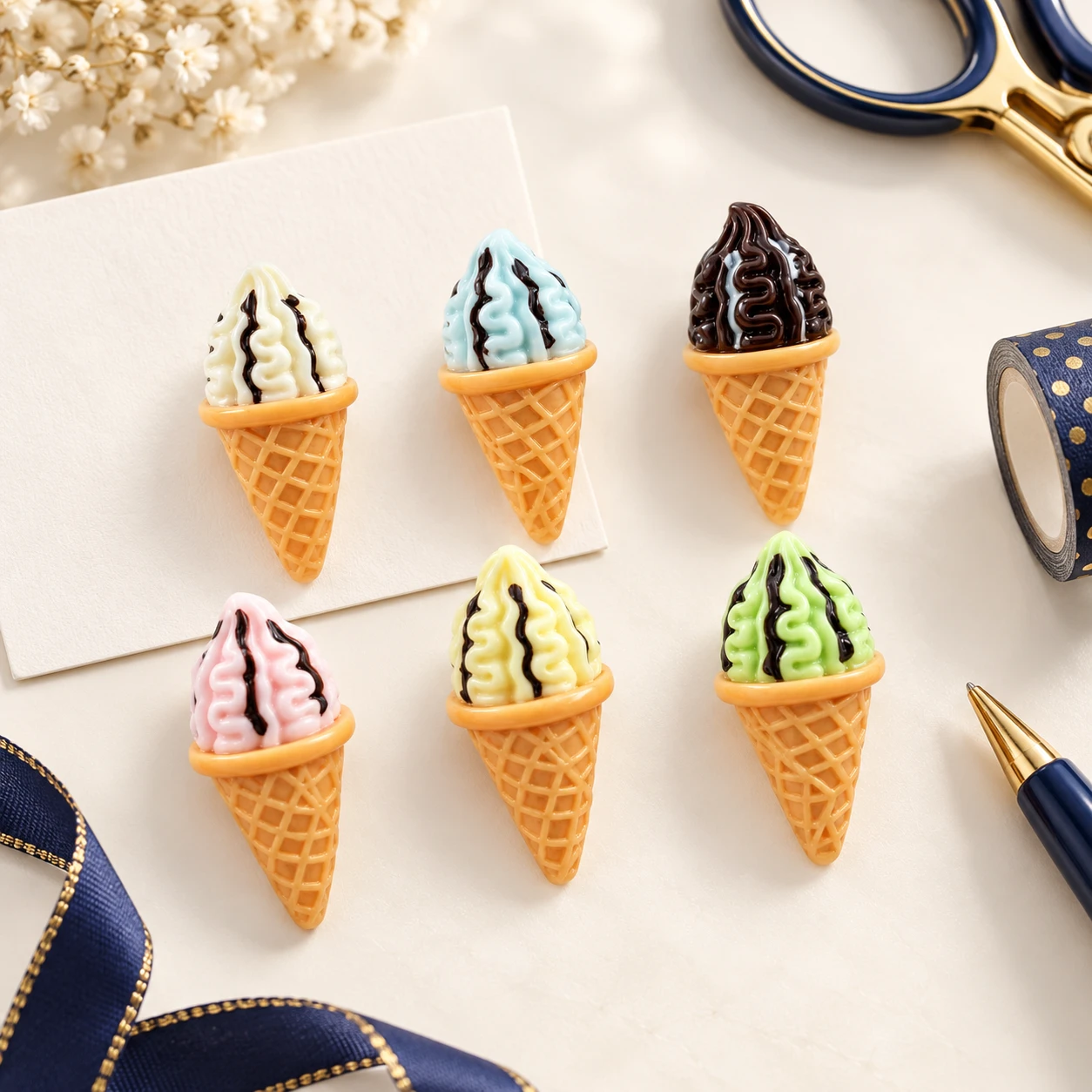 Soft-Serve Ice Cream Cone Resin Charms RW0023381 in an illustrative craft workspace