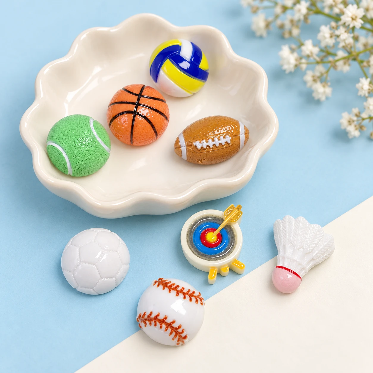 Sports Ball and Equipment Resin Charms RW002640 displayed for assortment selection