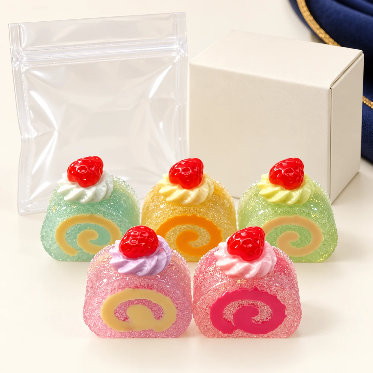 Strawberry Swiss Roll Resin Charms RW002718 with illustrative private-label packaging