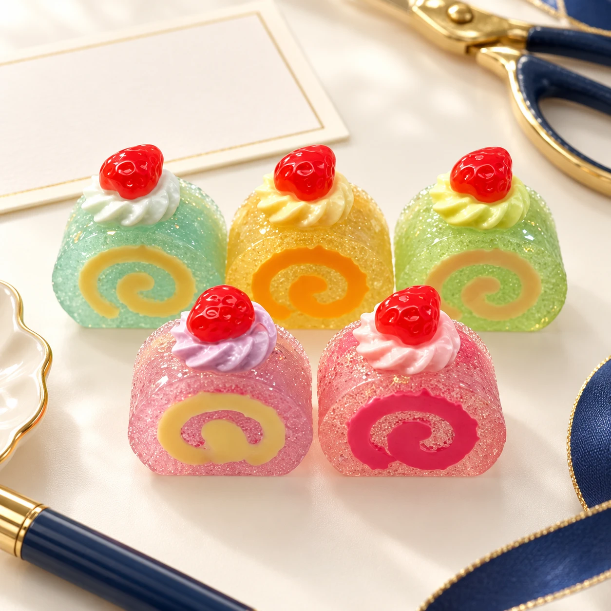 Strawberry Swiss Roll Resin Charms RW002718 in an illustrative craft workspace