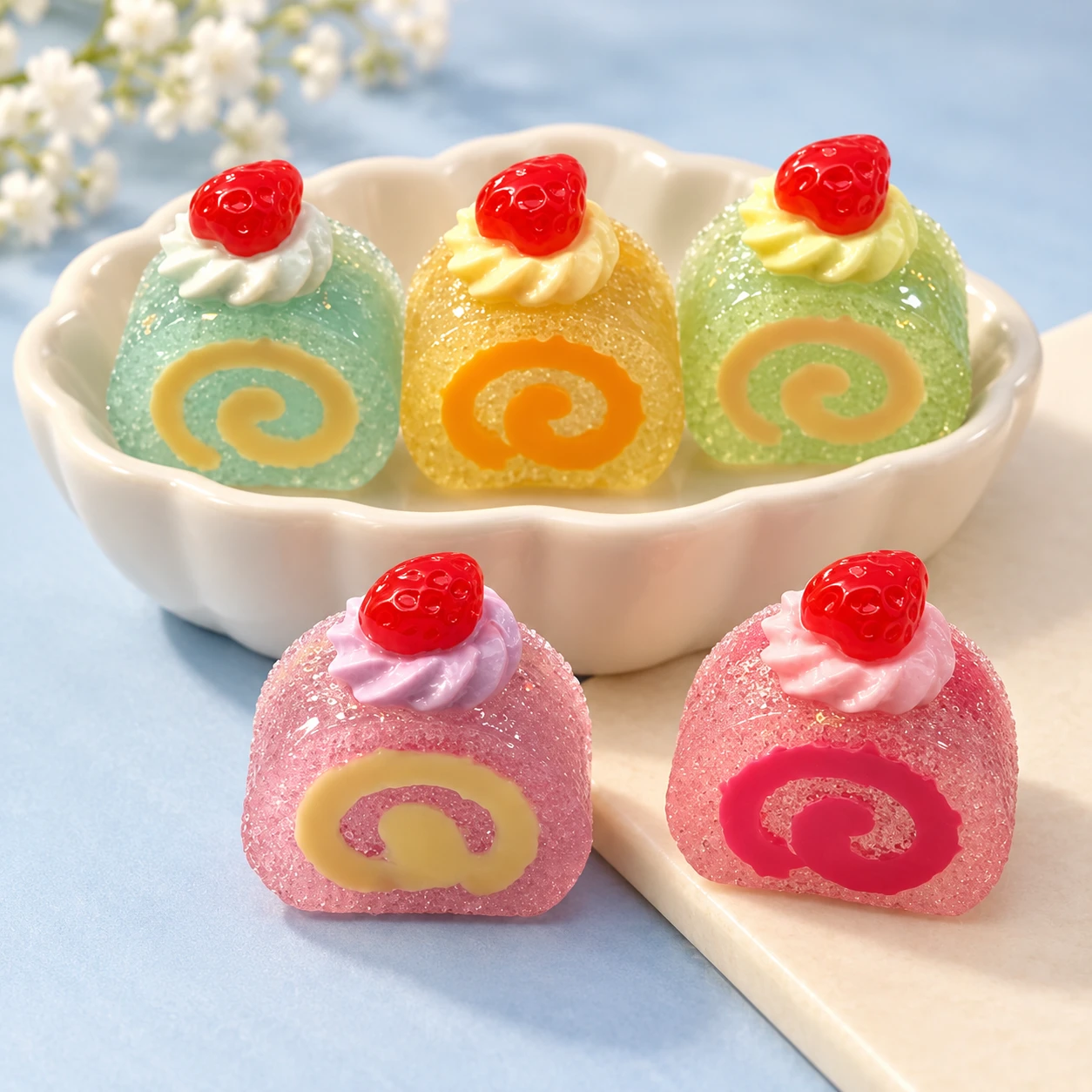 Strawberry Swiss Roll Resin Charms RW002718 displayed for assortment selection