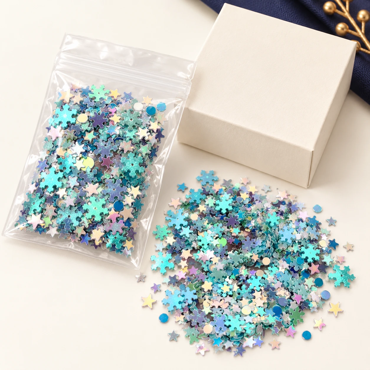 Teal Star and Snowflake Sequin Mix MA154 with illustrative private-label packaging
