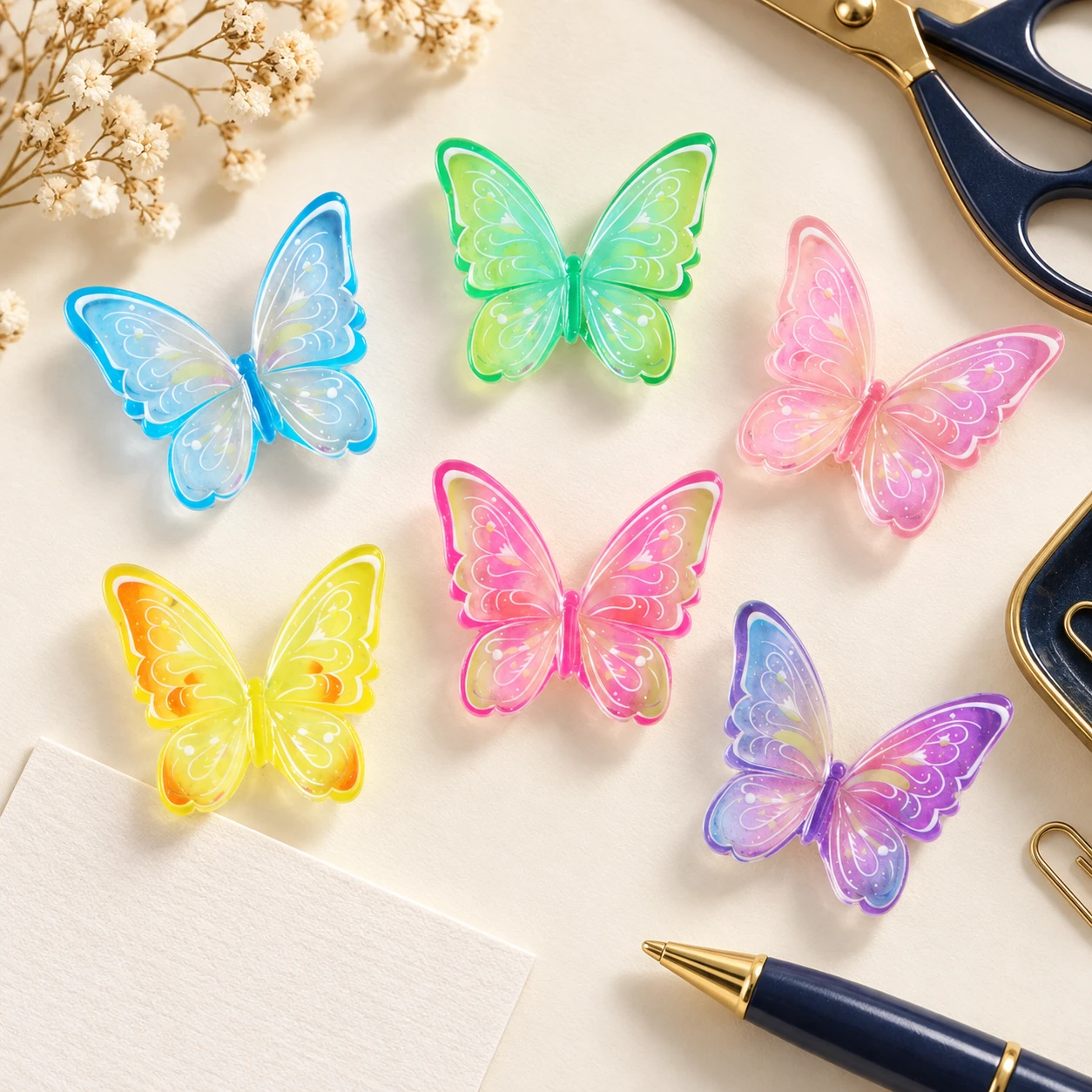 Translucent Butterfly Resin Charms RW003309 in an illustrative craft workspace