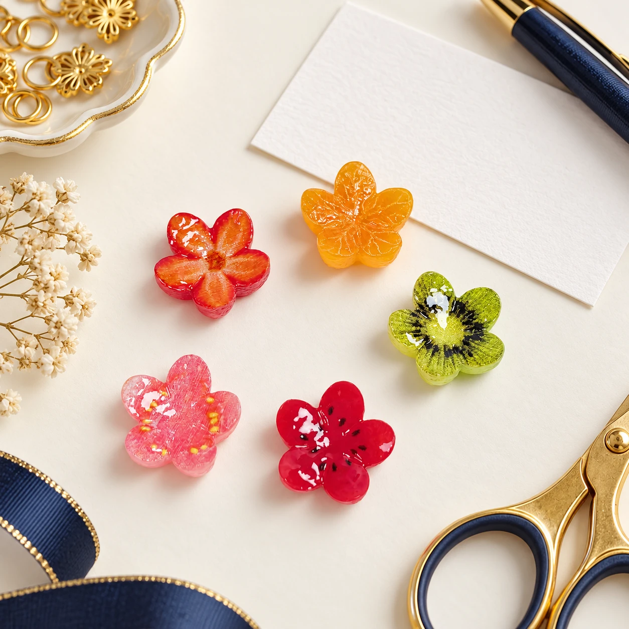 Translucent Fruit Flower Resin Charms RW001398 in an illustrative craft workspace