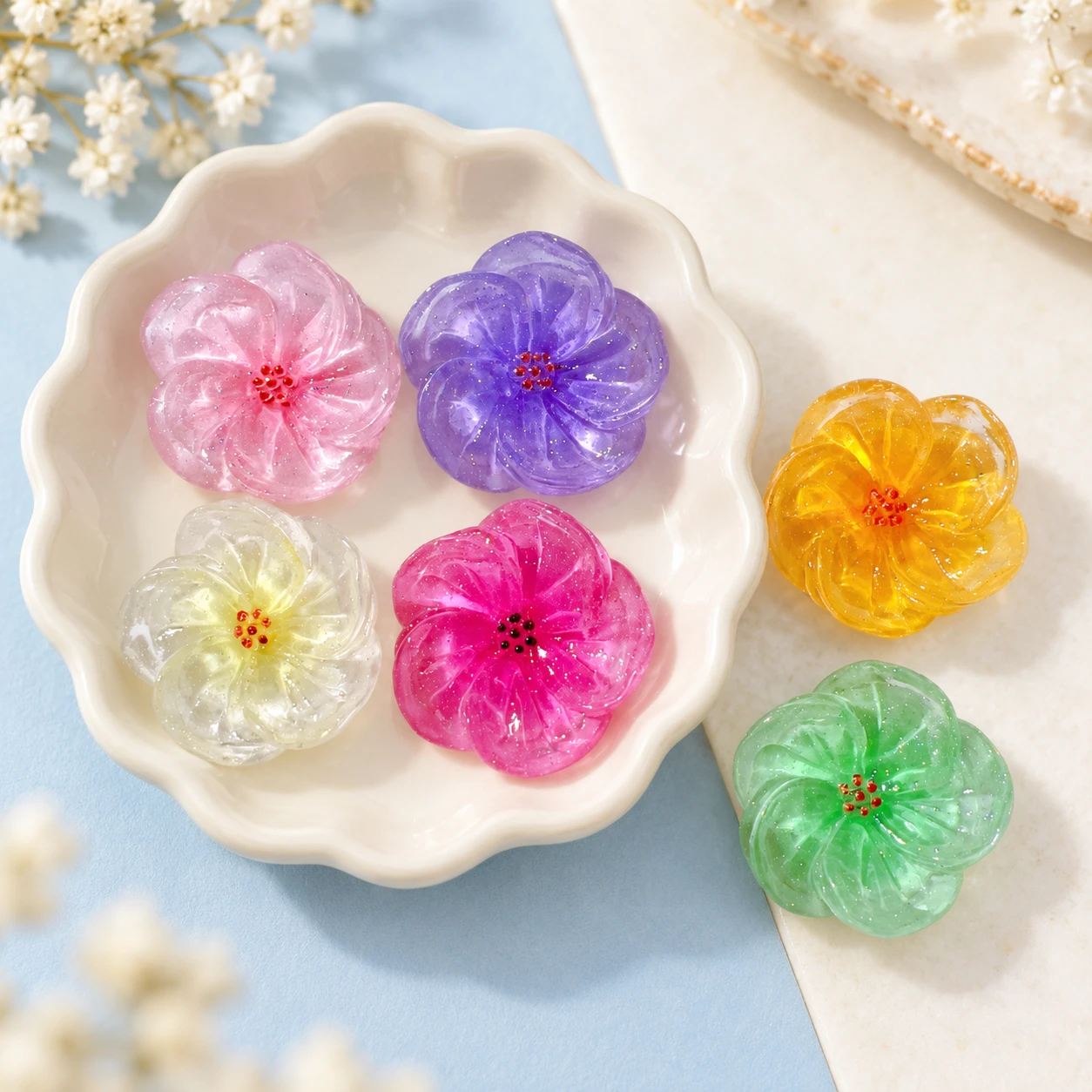 Translucent Glitter Flower Resin Charms RW0022500 displayed for assortment selection