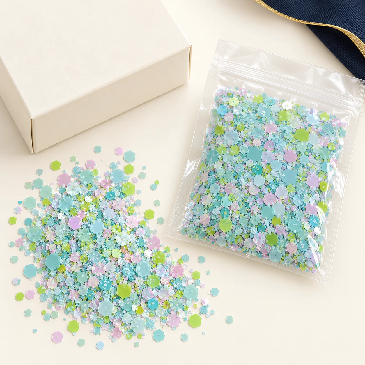 Ultrathin Iridescent Hexagon Confetti MA276 with illustrative private-label packaging