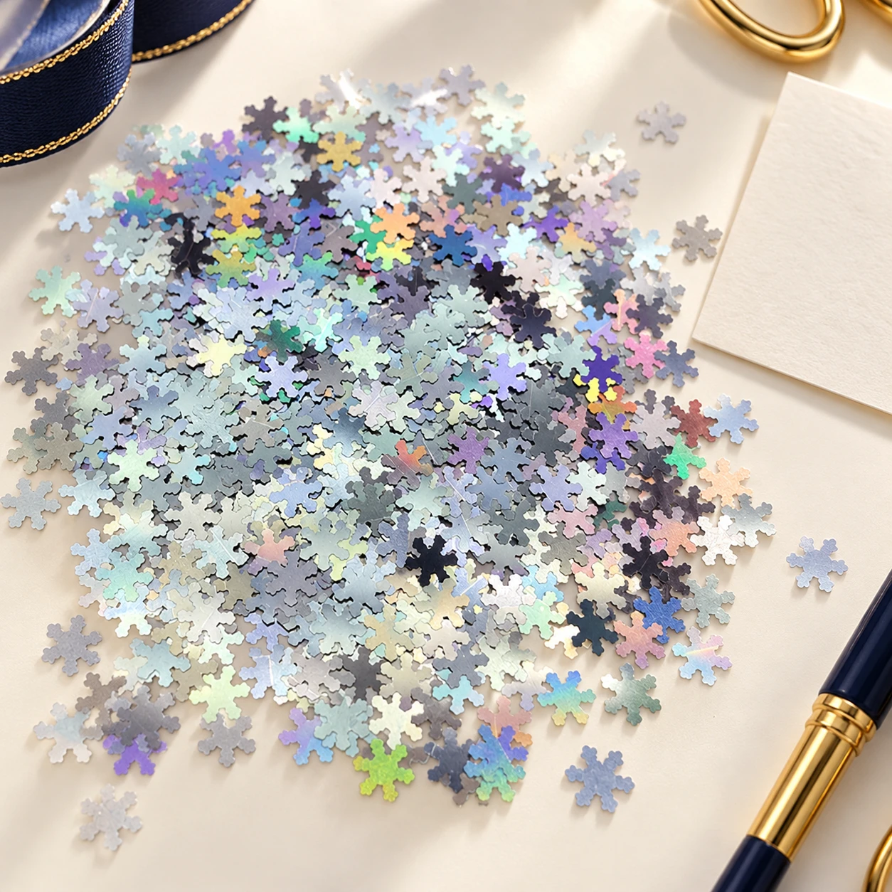 Ultrathin Iridescent Snowflake Sequins MA282 in an illustrative craft workspace