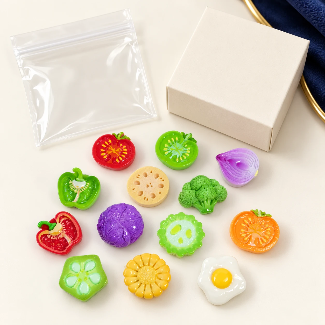 Vegetable Slice and Fried Egg Resin Charms RW004682 with illustrative private-label packaging