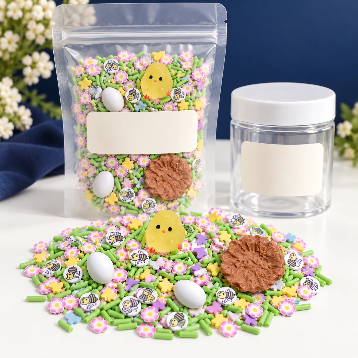 Chick & Bee Garden Filler Mix with a clear pouch and sample jar for private-label packaging, SLM709