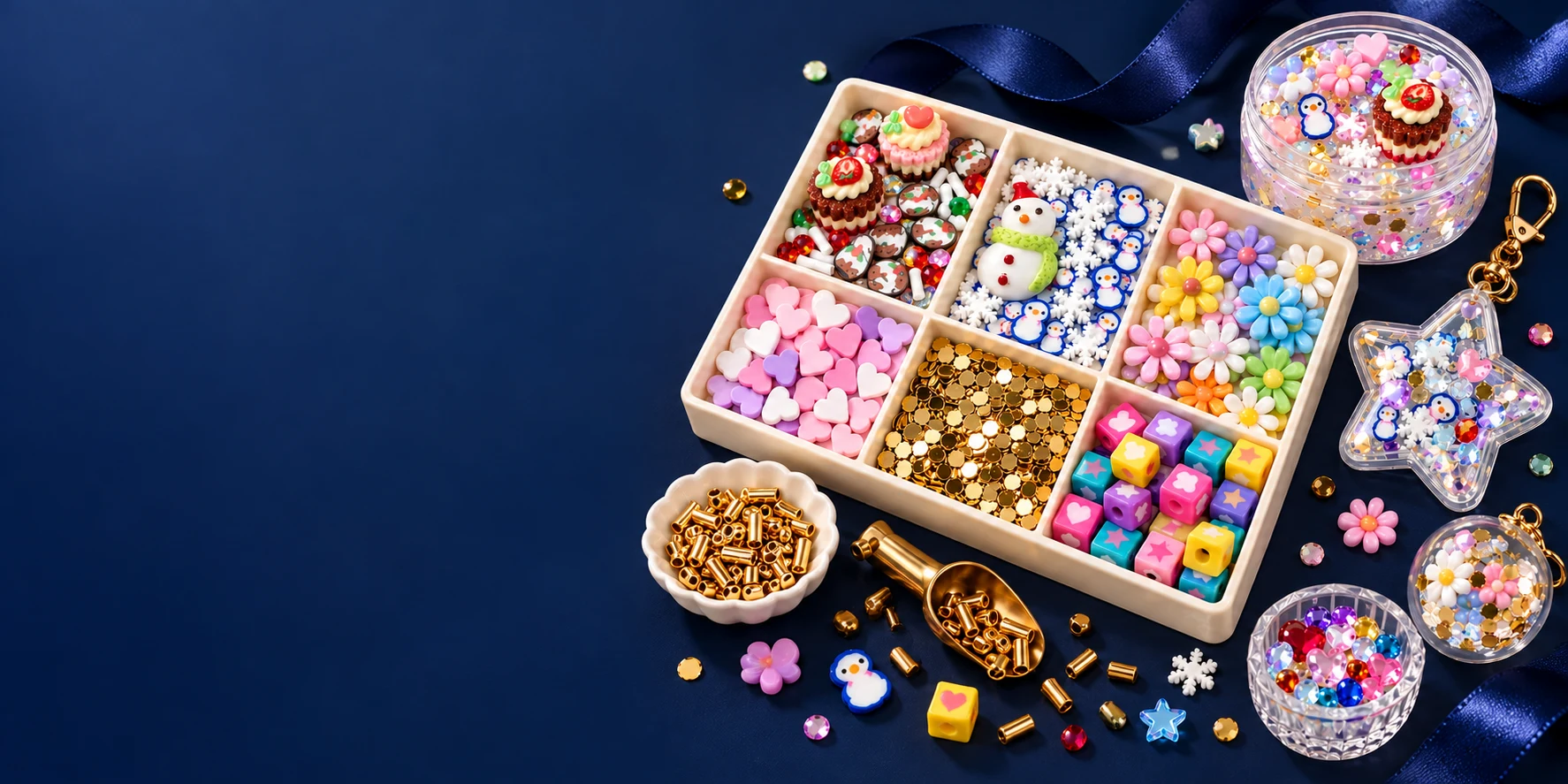 Navy-blue campaign display of themed craft filler mixes, miniature cake charms, snowman slices, acrylic flowers, polymer clay hearts, sequins and beads in a compartment tray