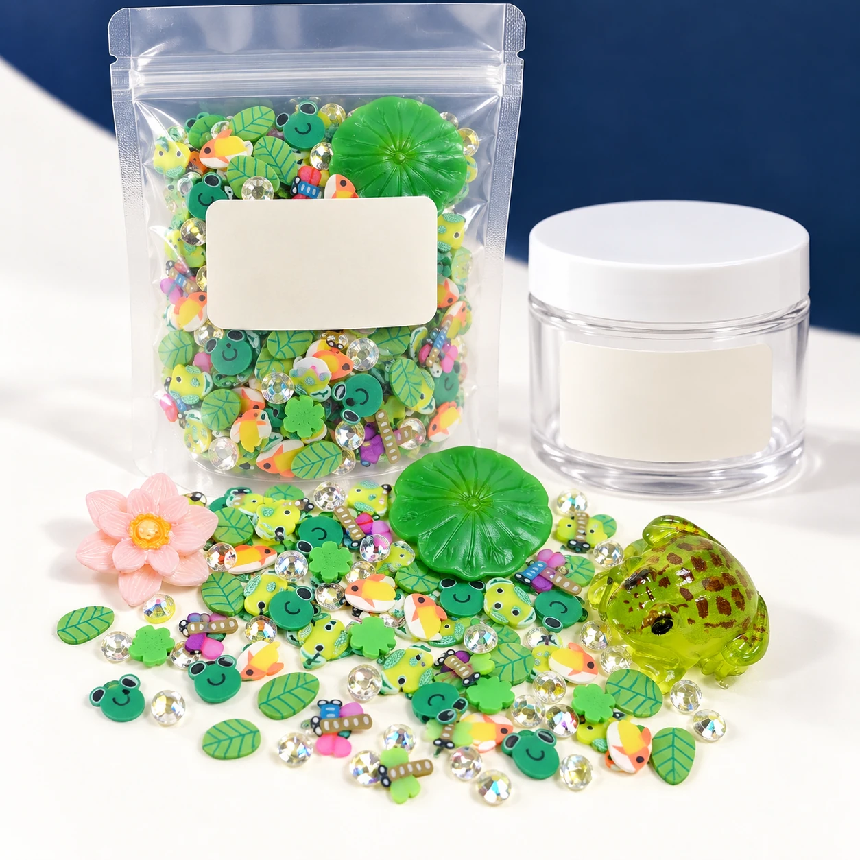 Frog & Lily Pad Filler Mix with a clear pouch and sample jar for private-label packaging, SLM004103