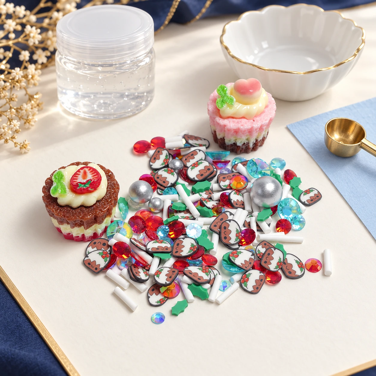 Fruit Cake Charm Filler Mix in a craft-workspace concept with a clear slime jar, bowl and gold scoop, SLM26662