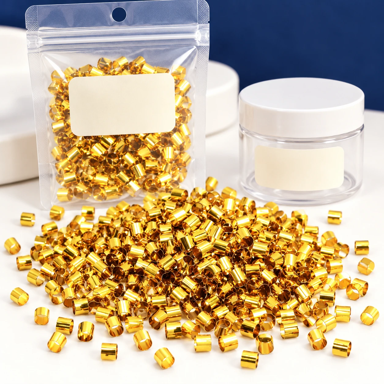 Gold Bingsu Bead Fillers with a clear pouch and sample jar for private-label packaging, YM109