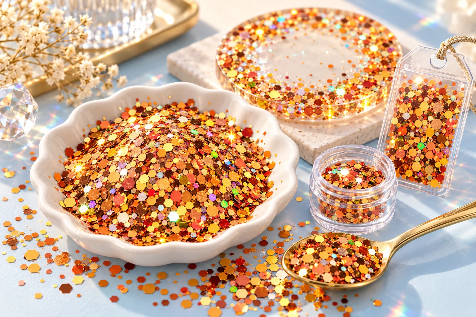 Gold holographic hexagon glitter beside a cast-resin coaster and dry shaker tag concept