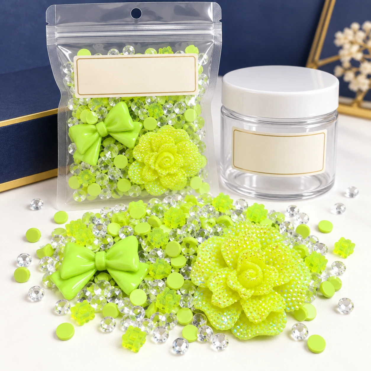 Lime Green Bow & Flower Filler Mix with a clear pouch and sample jar for private-label packaging, SLM004320