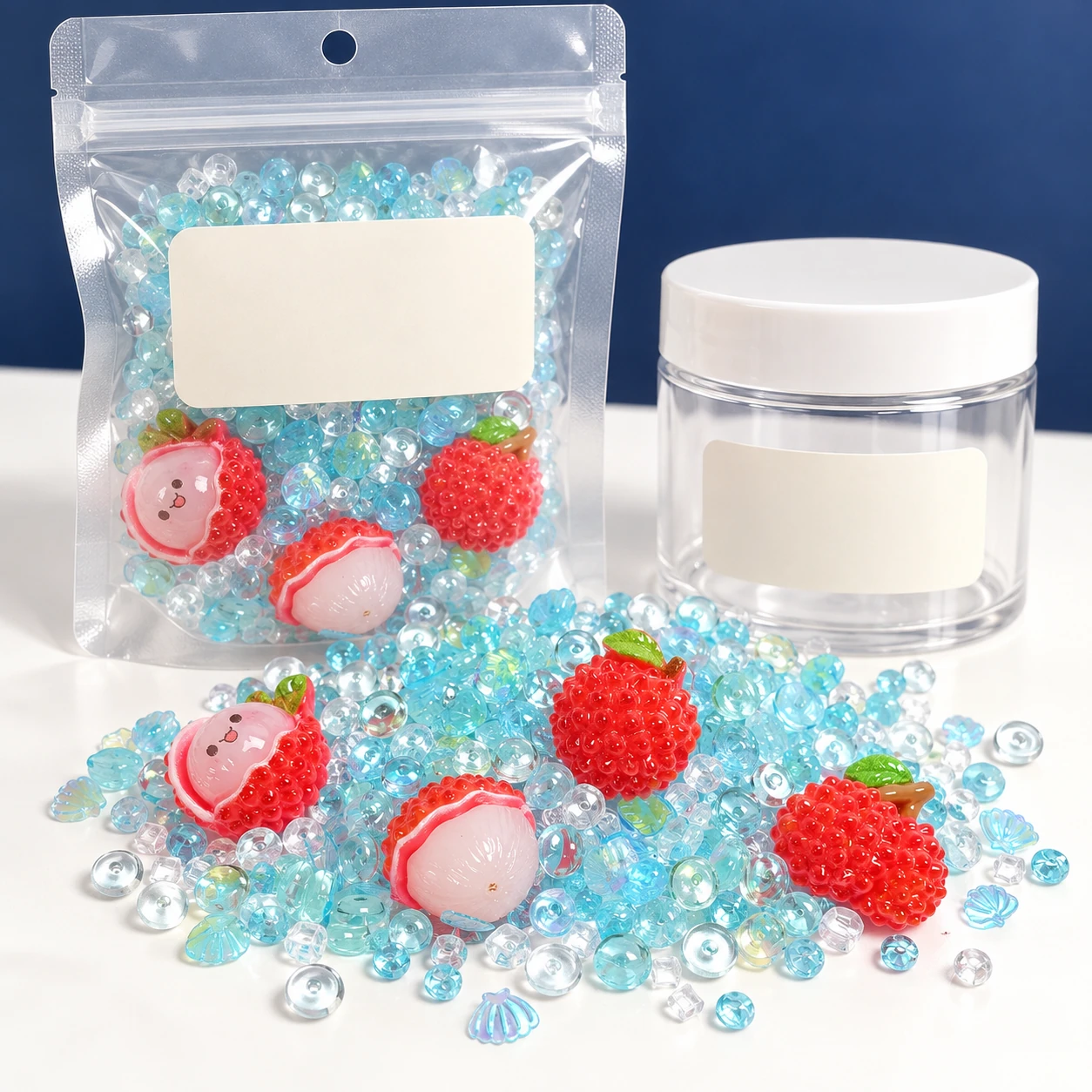Lychee & Aqua Bead Filler Mix with a clear pouch and sample jar for private-label packaging, SLM004785