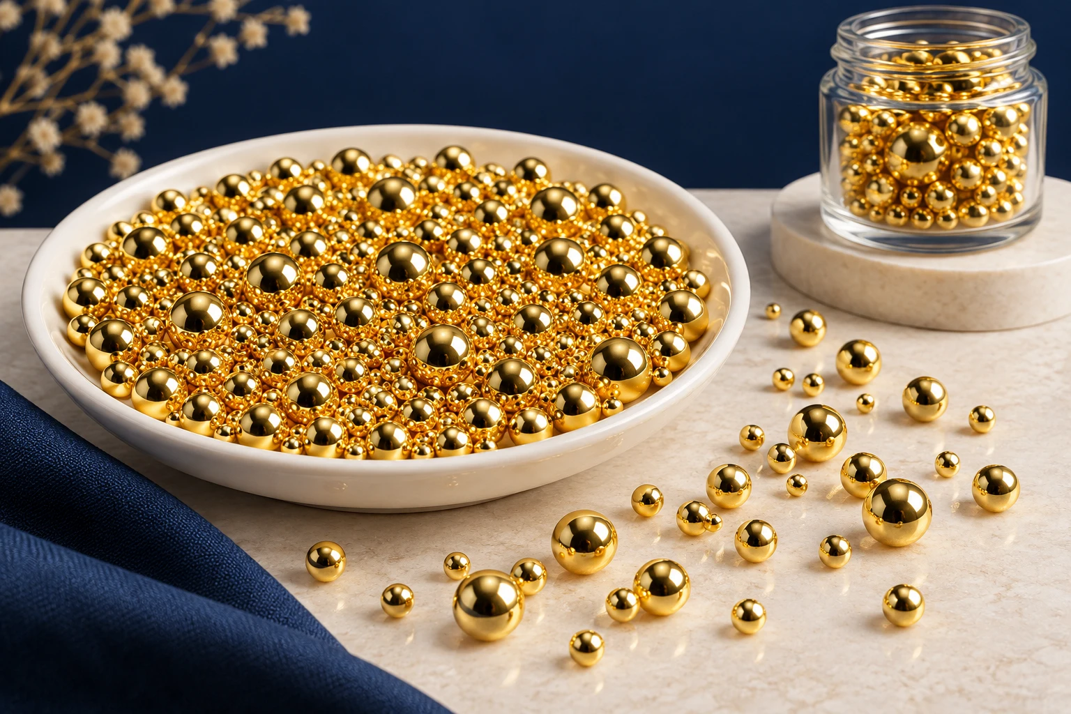 Mixed-size metallic yellow-gold no-hole faux pearl beads in an ivory dish with a clear sample jar on a navy and cream display