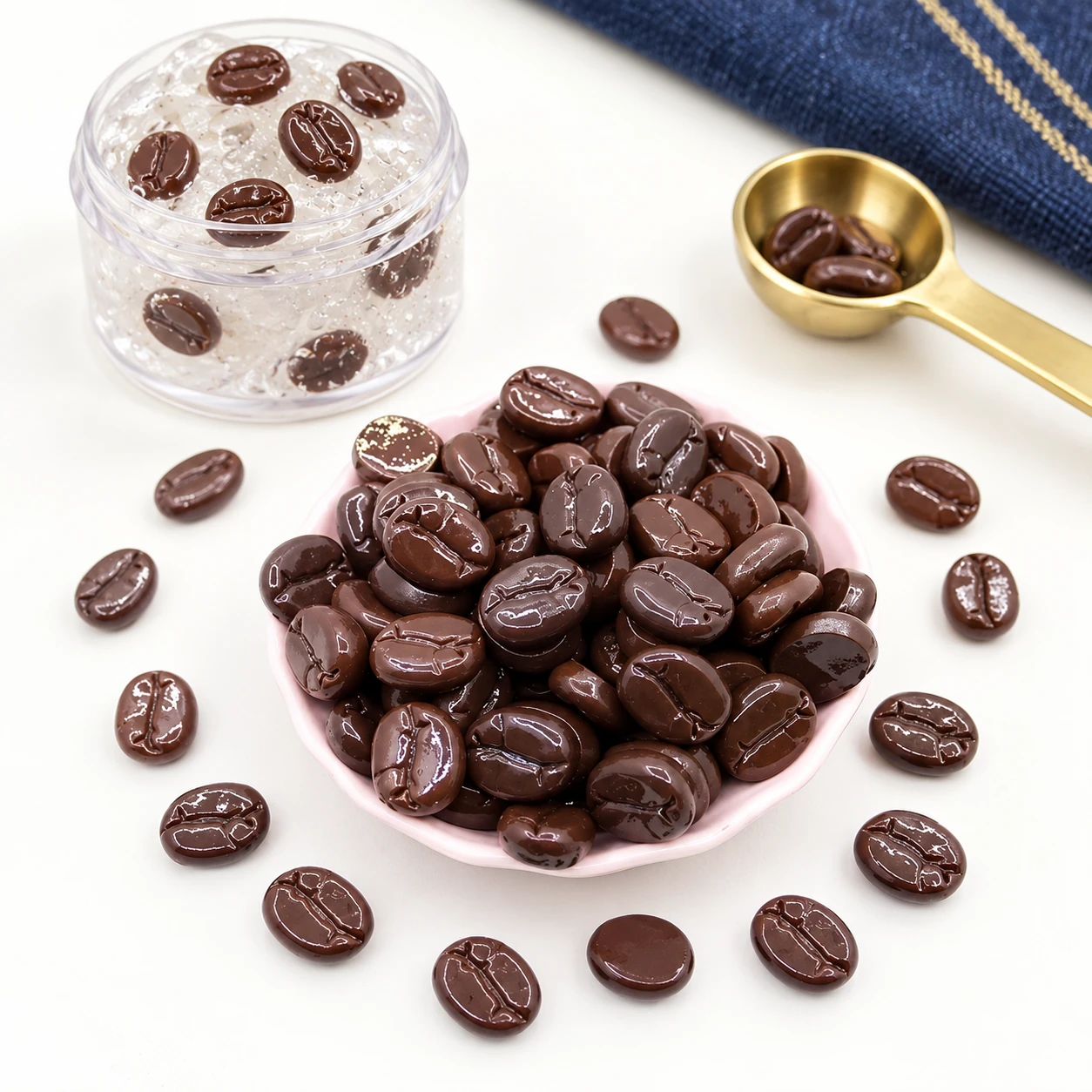 Mini Coffee Bean Resin Charms in a slime-workspace concept, RW404