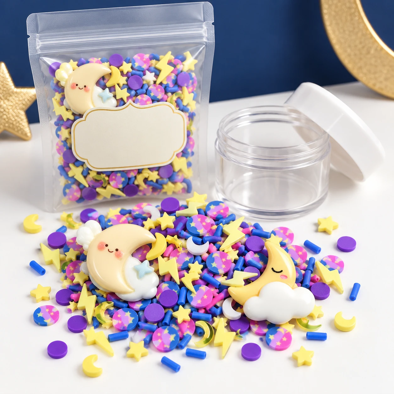 Moon & Cloud Filler Mix with a clear pouch and sample jar for private-label packaging, SLM684