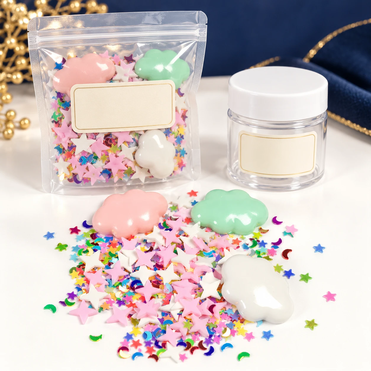 Pastel Cloud & Star Filler Mix with a clear pouch and sample jar for private-label packaging, SLM002468